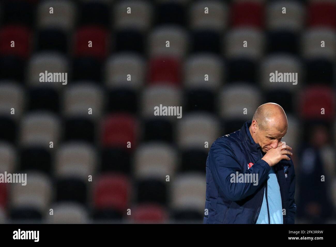 Newport, UK. 27th Apr, 2021. Neil Cox, the manager of Scunthorpe Utd looks dejected at the end of the match. EFL football league two match, Newport county v Scunthorpe Utd at Rodney Parade in Newport, Wales on Tuesday 27th April 2021. this image may only be used for Editorial purposes. Editorial use only, license required for commercial use. No use in betting, games or a single club/league/player publications. pic by Andrew Orchard /Alamy Live news Stock Photo