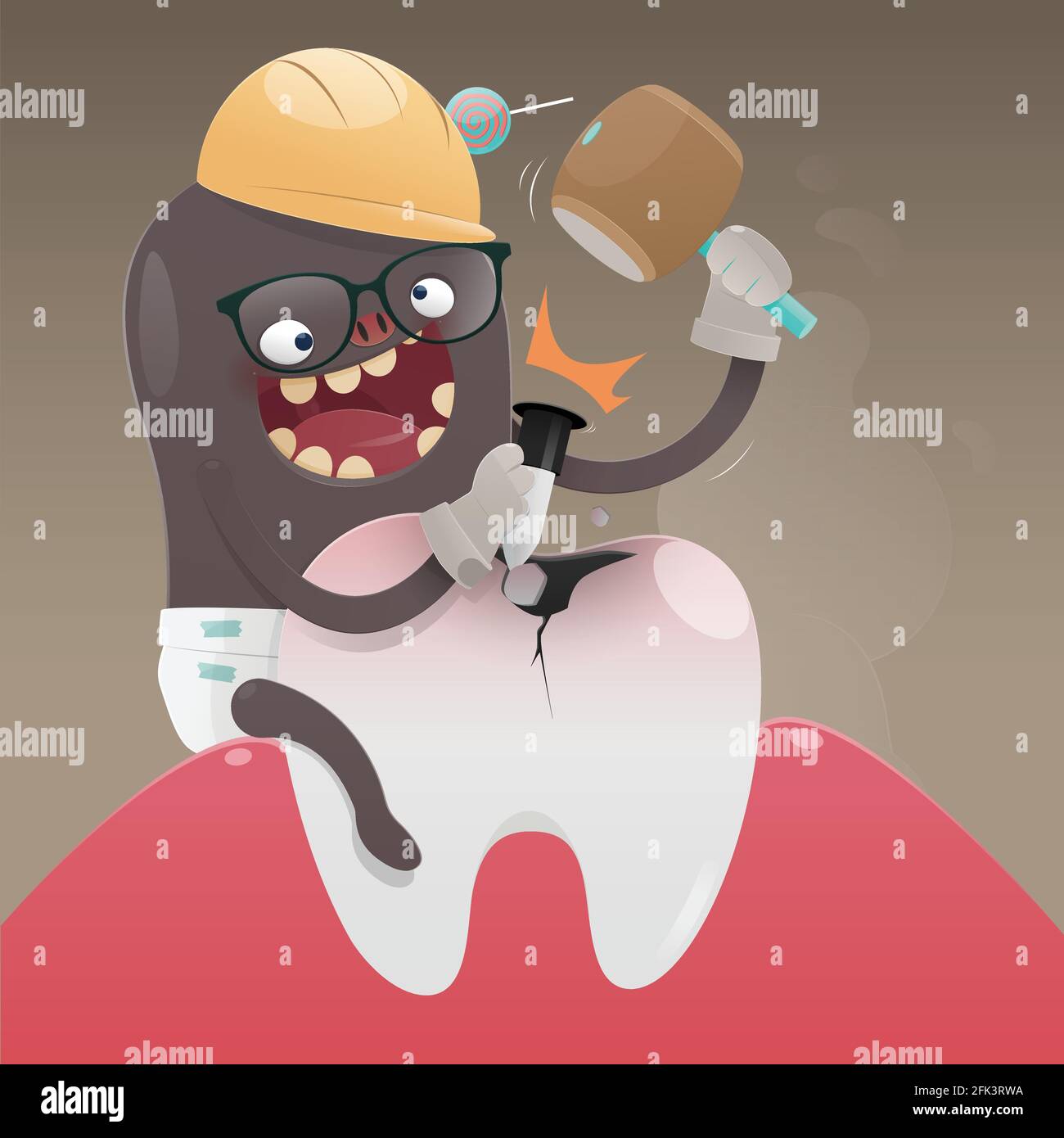 The bad monster is digging and damaging the tooth, A toothache is caused by tooth decay, Cartoon vector, Concept with tooth health Stock Vector