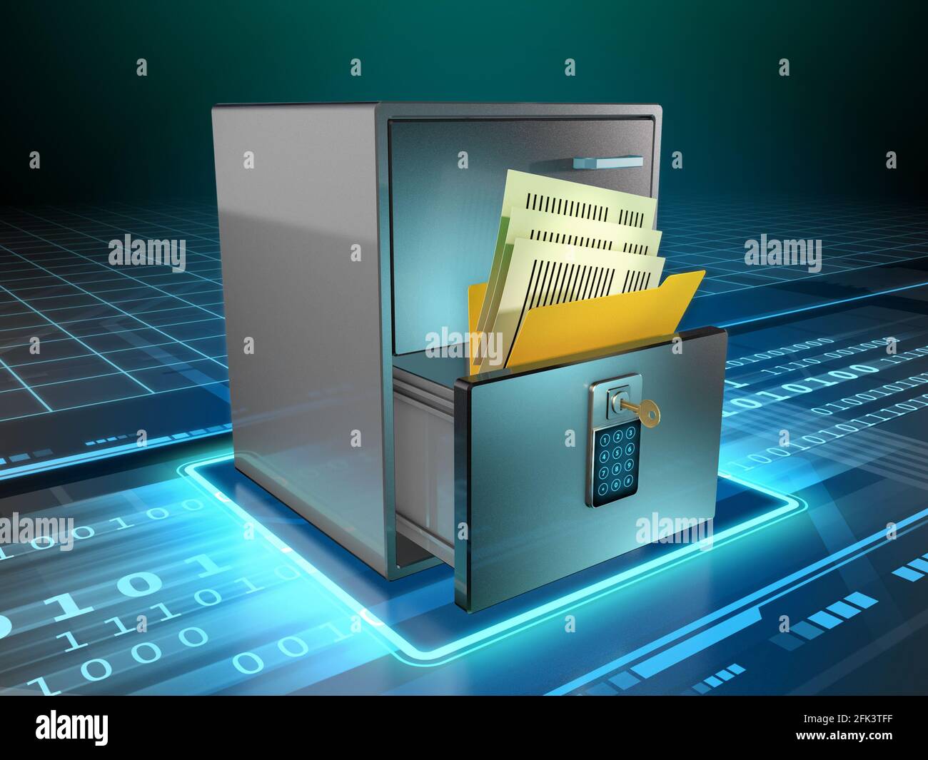 Physical documents are stored in a cabinet's drawer, protected by a code and a key. Digital illustration. Stock Photo