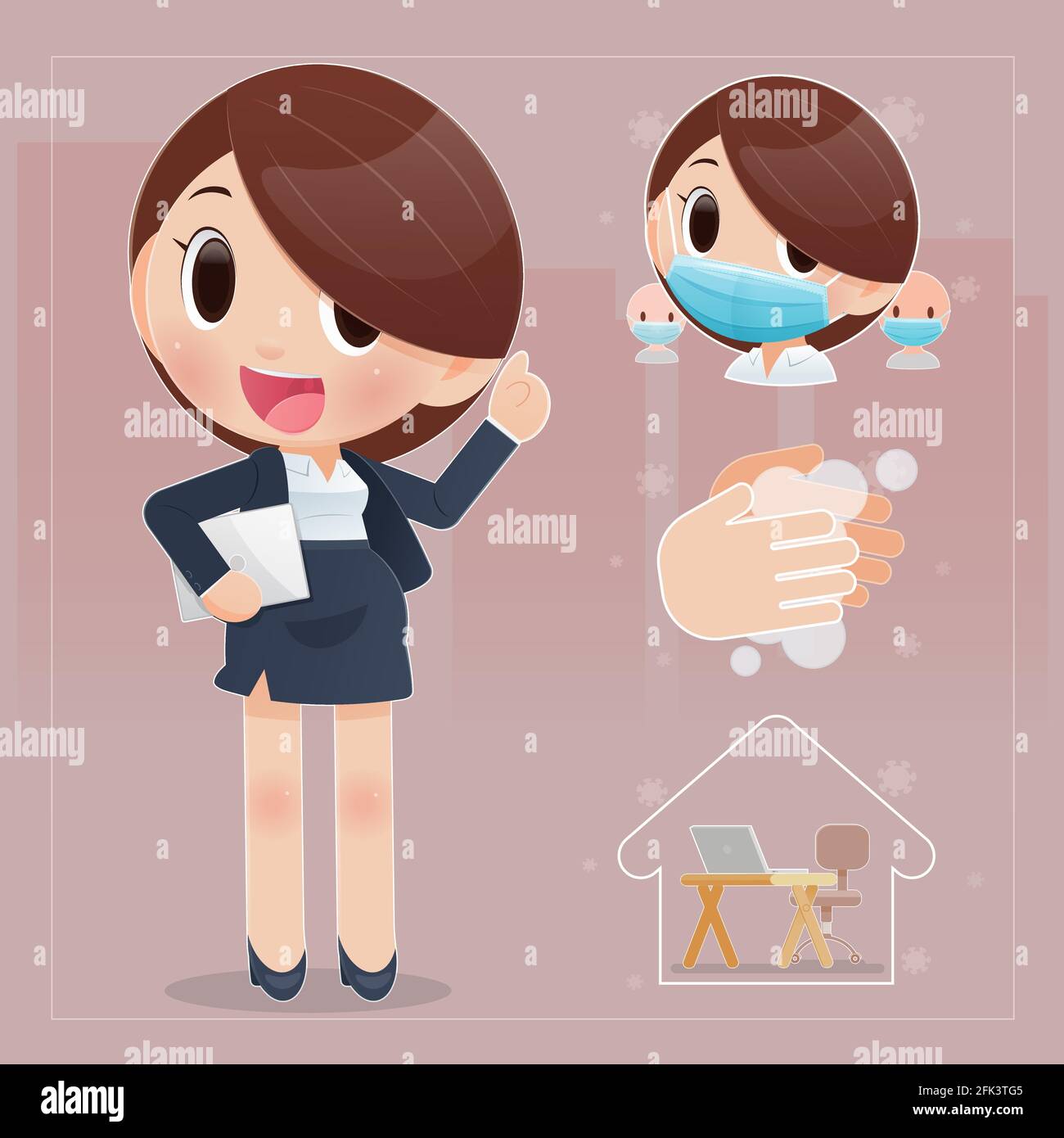Cartoon woman prepare for the coronavirus work from home requirement, People wearing health mask and Wash hands, Protecting Covid 19, flat character i Stock Vector
