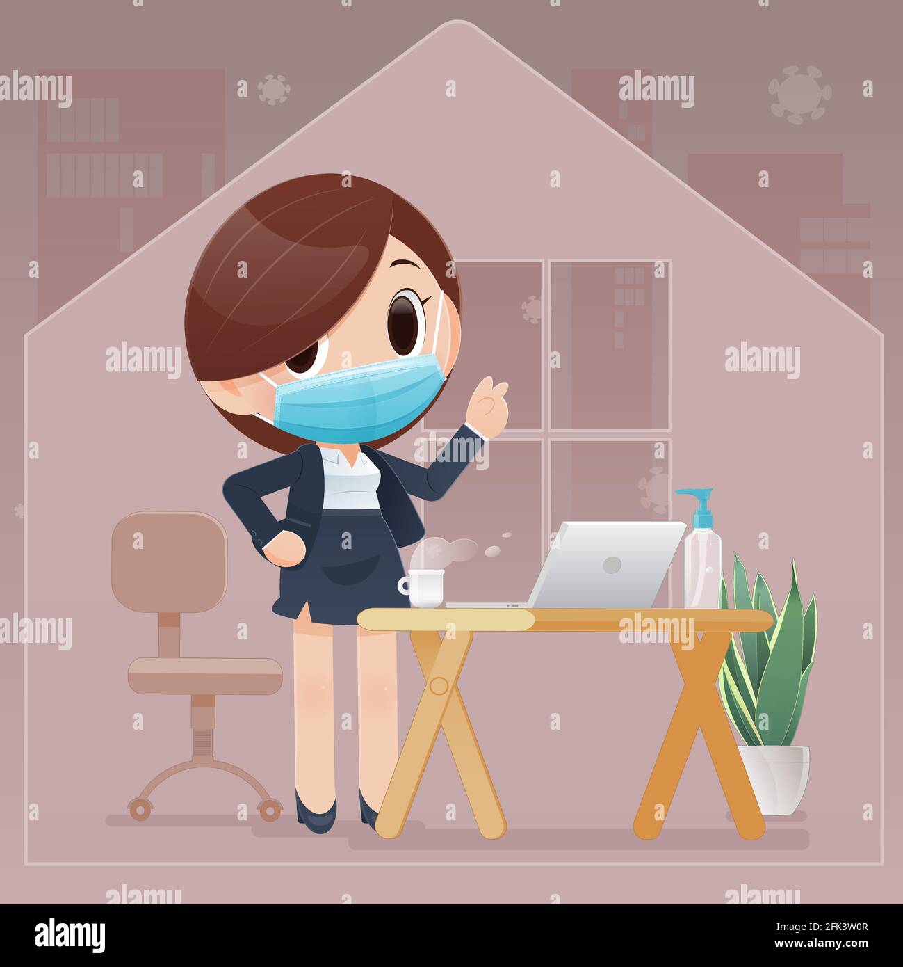 Cartoon business woman wearing health mask in preparation for work from home, Personnel wearing a medical mask or Surgical mask, Protection Coronaviru Stock Vector
