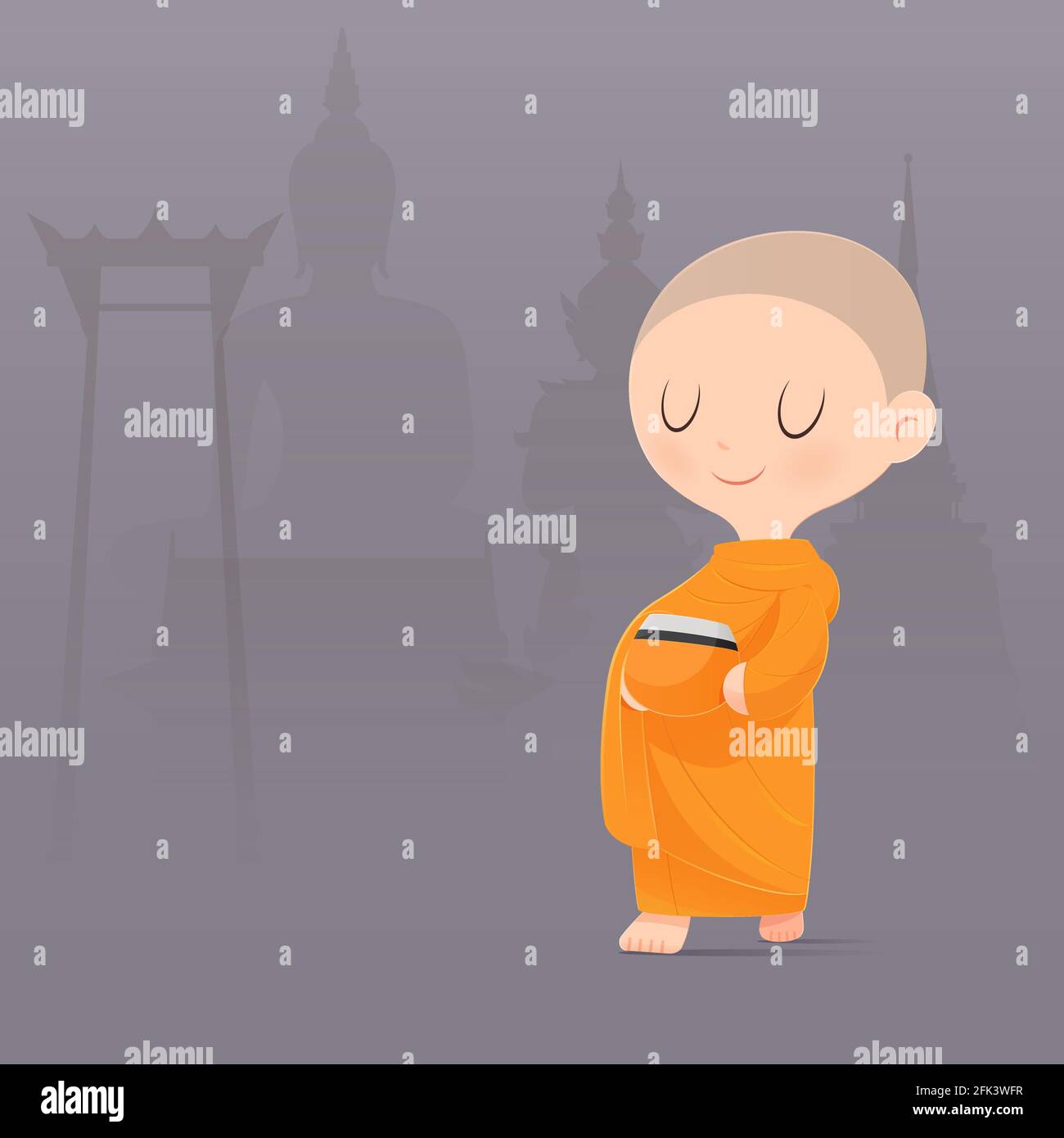 Cartoon Buddhist Monk Of Southeast Asia. Receive Food Offerings. Vector