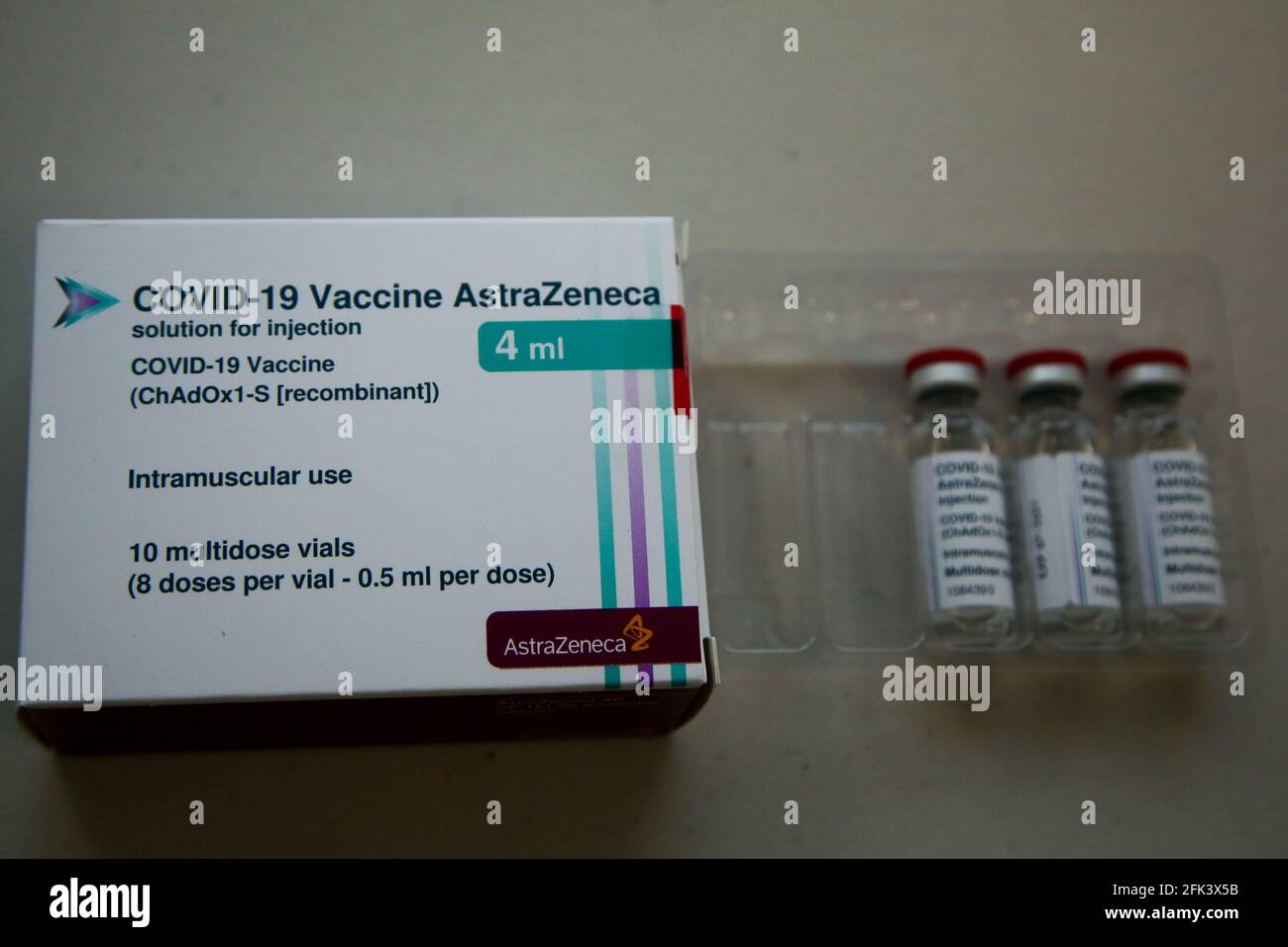 London, UK 27 April 2021 - A box and bottles containing Oxford AstraZeneca Covid-19 Vaccine at a vaccination centre in London. Credit Dinendra Haria /Alamy Live News Stock Photo