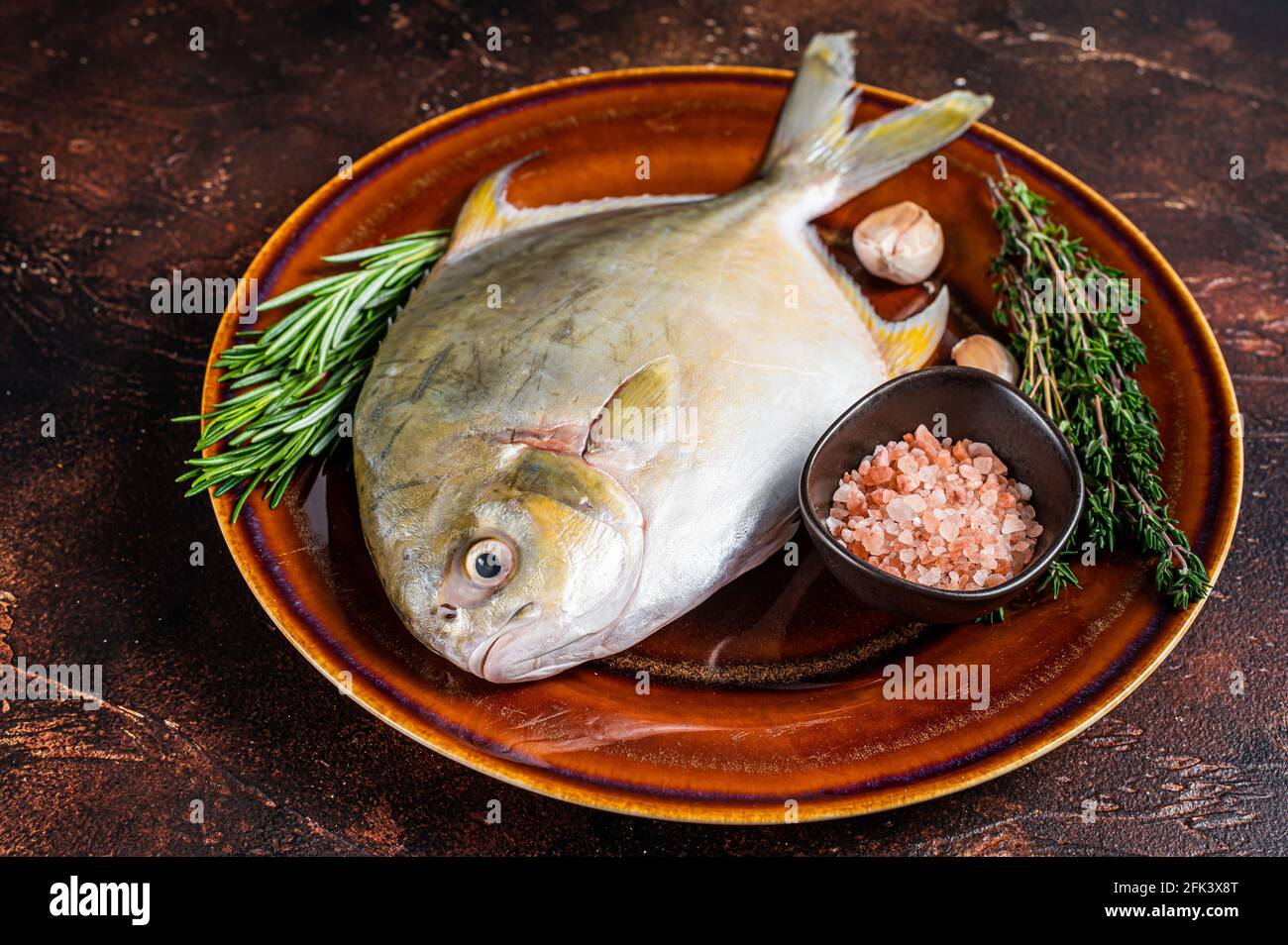 Fresh Raw Florida Pompano fish on a rustic plate. Dark background. Top view Stock Photo