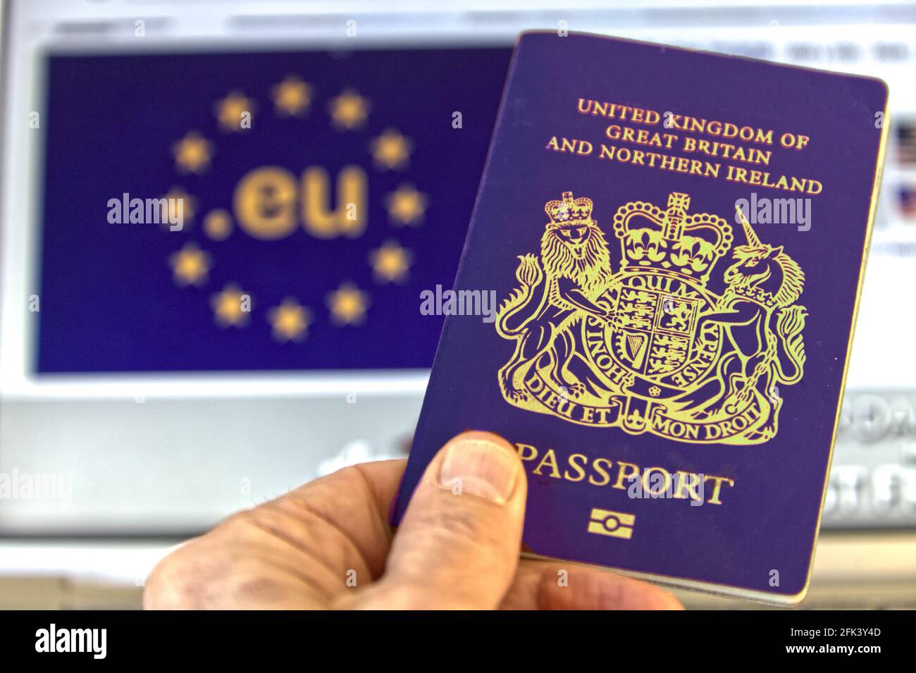 Blue British passport with EU flag Stock Photo