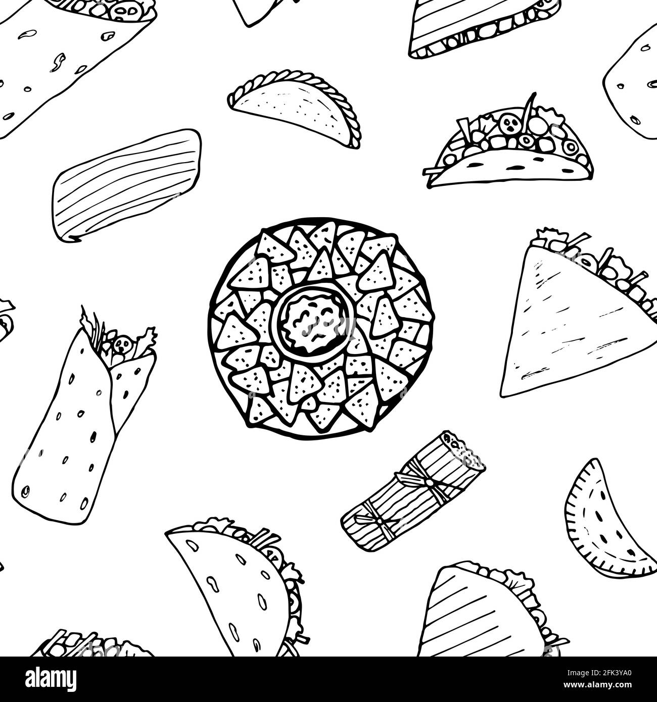 Mexican cuisine transparent seamless pattern. Design sketch element for menu cafe, bistro, restaurant, bakery, packaging and other things.  Vector Stock Vector