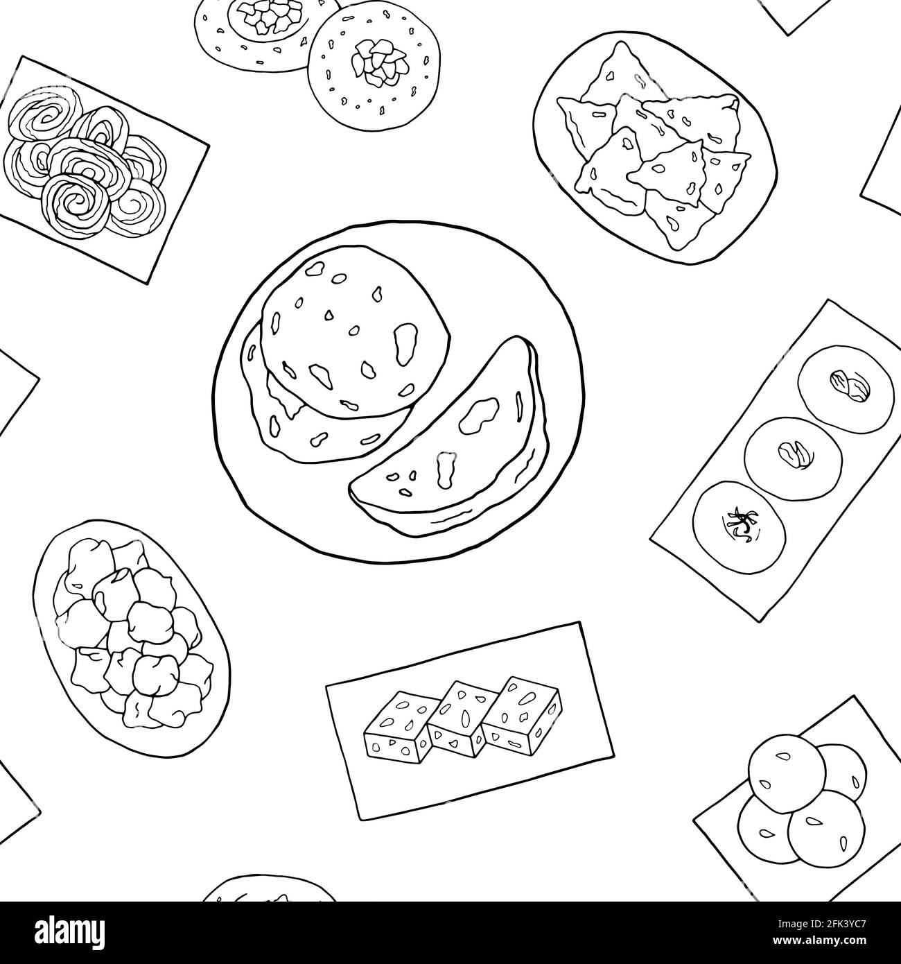 Indian cuisine transparent seamless pattern. Design sketch element for menu cafe, bistro, restaurant, bakery, packaging and other things.  Vector illu Stock Vector