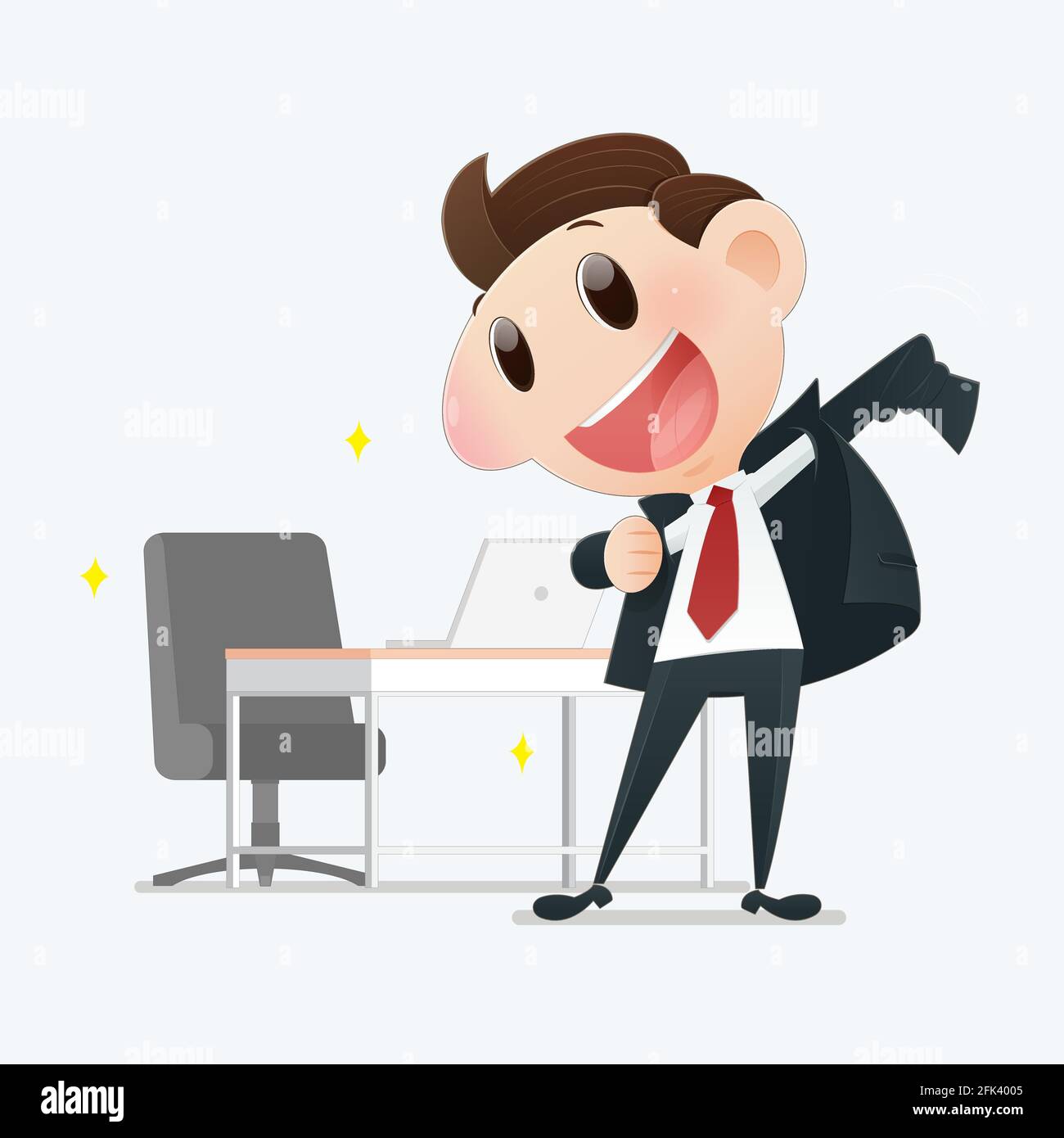 illustration confident young businessman posing on a light gray background, Man who is promoted to manager, Flat character cartoon design. Stock Vector