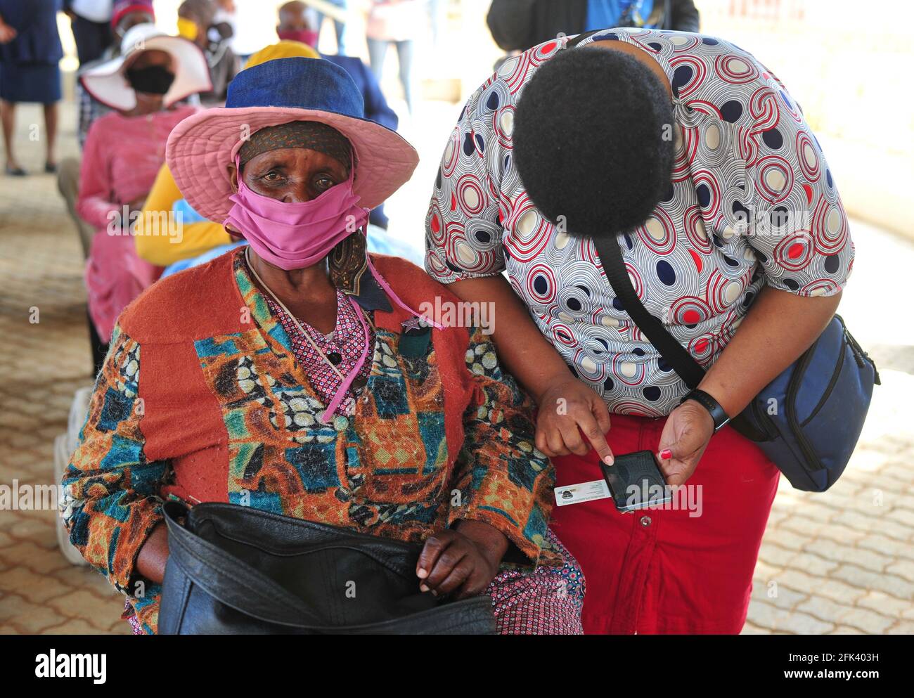Elderly people from the rural village of Tooseng came out in numbers to attend the launch of a covid-19 vaccination drive Stock Photo