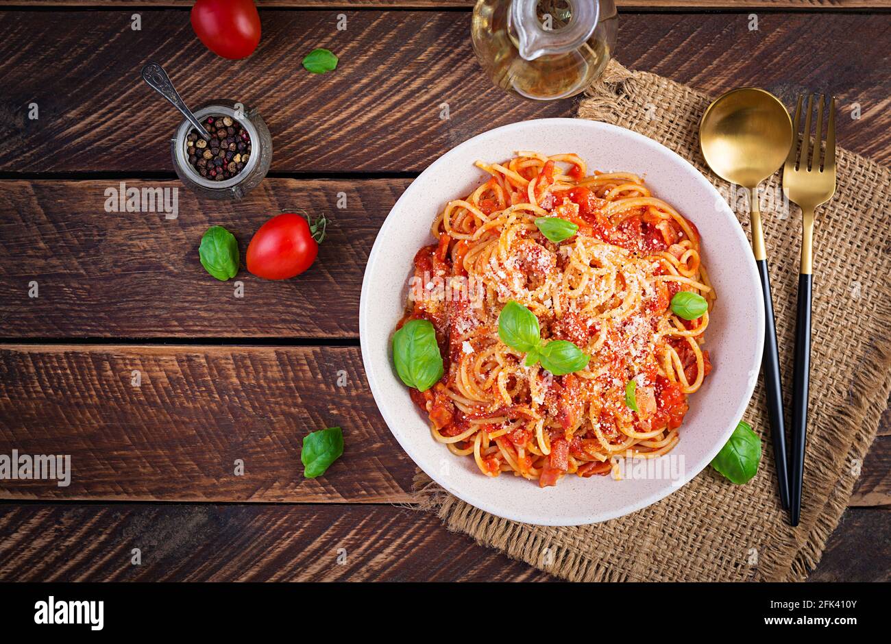Spaghetti alla Amatriciana with guanciale, tomatoes and pecorino cheese