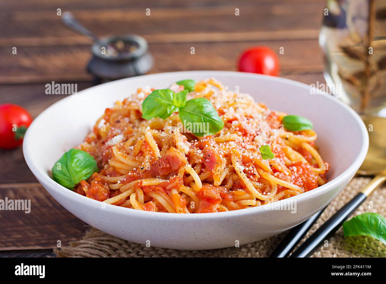 Spaghetti alla Amatriciana with guanciale, tomatoes and pecorino cheese