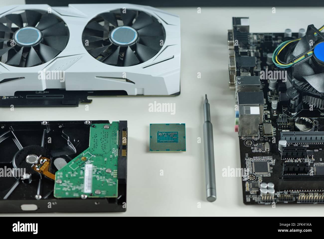 Computer parts. Processor, motherboard, hard drive, video card Stock