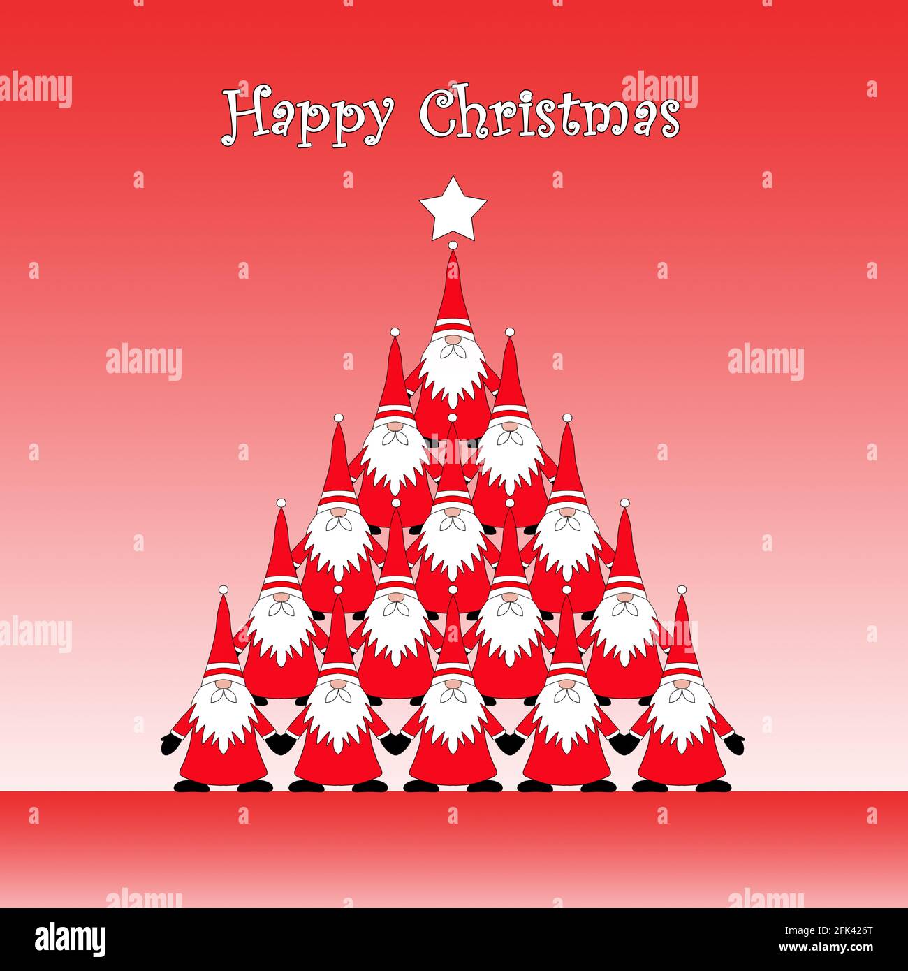 An illustration of cute gnome santas in the shape of a Christmas tree with the message Happy Christmas. Stock Photo