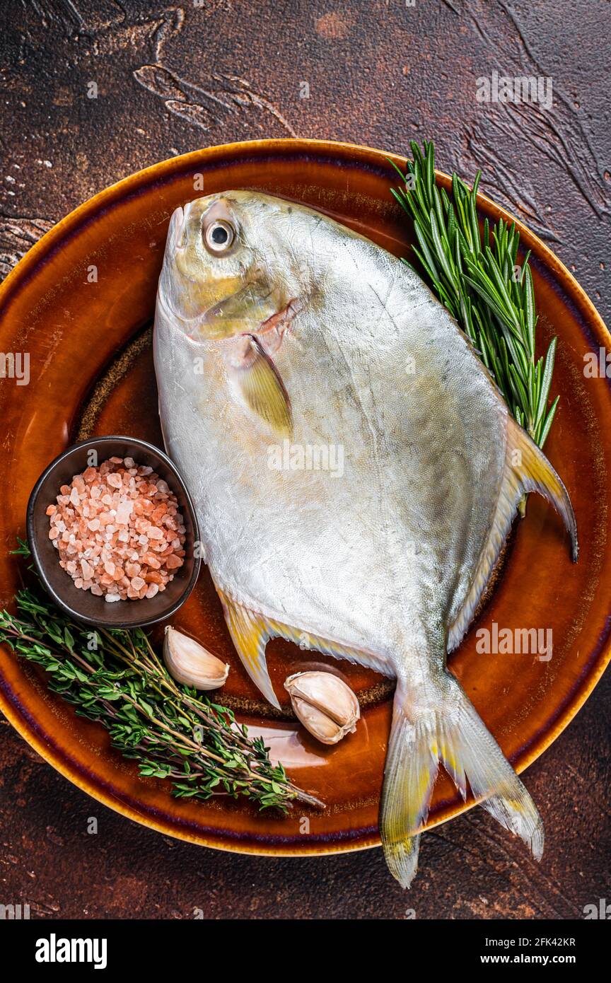 Fresh Raw Florida Pompano fish on a rustic plate. Dark background. Top view Stock Photo