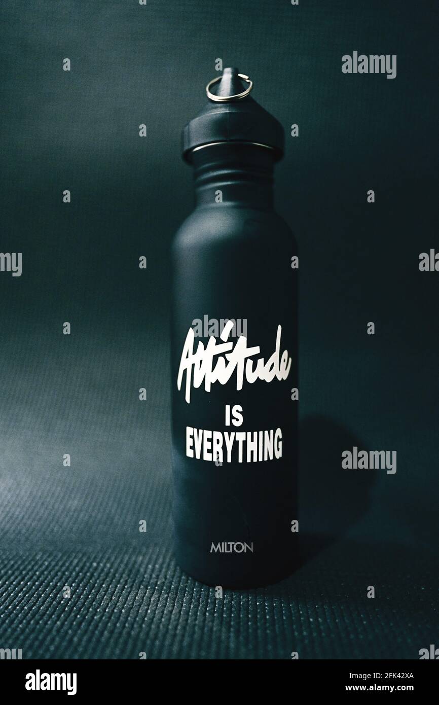 DELHI NCR, INDIA - Oct 25, 2020: Attitude is everything , famous quote on bottle Stock Photo
