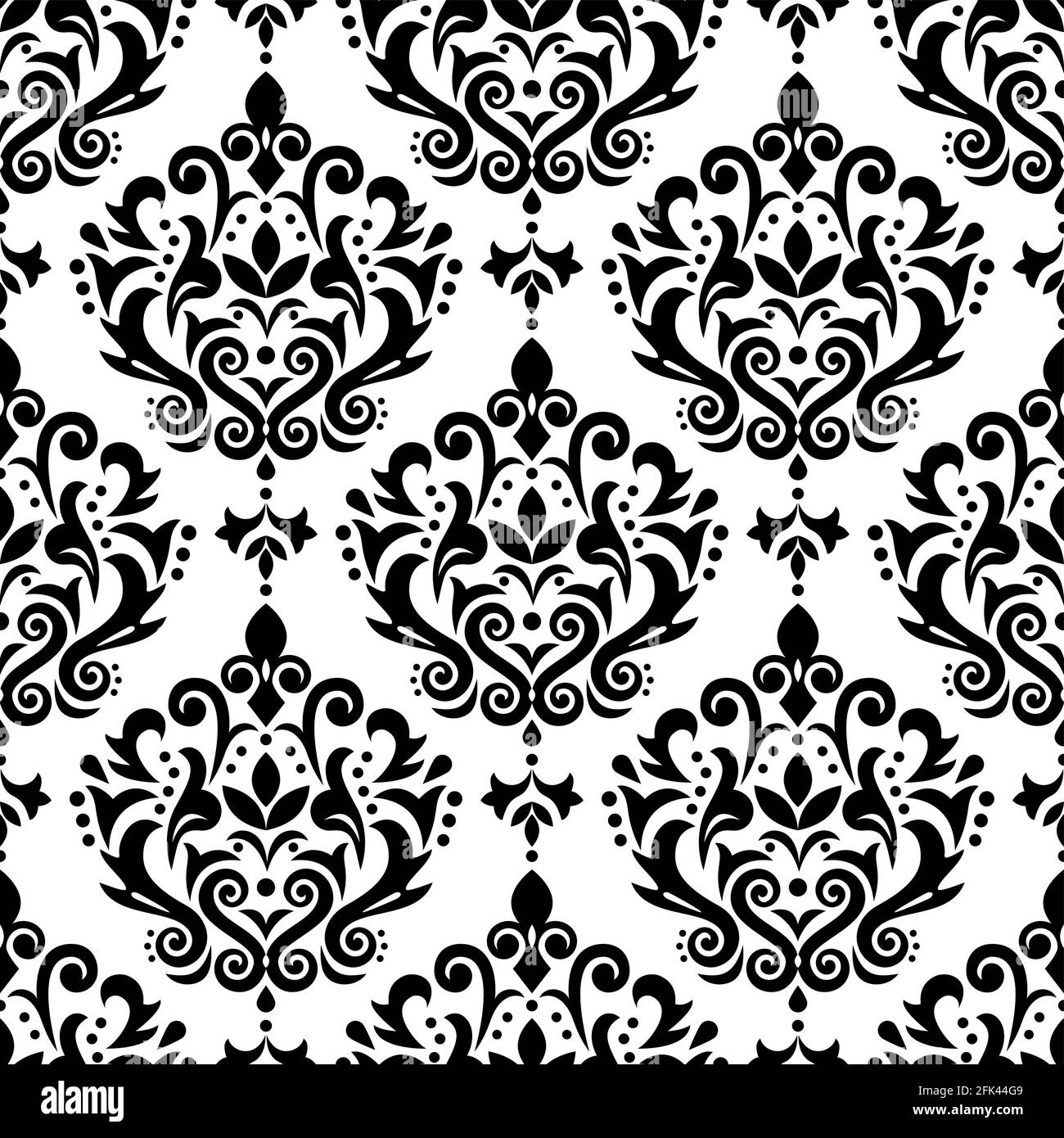 Damask elegant vector seamless pattern, victorian textile or fabric print design with flowers, swirls and leaves in black and white Stock Vector