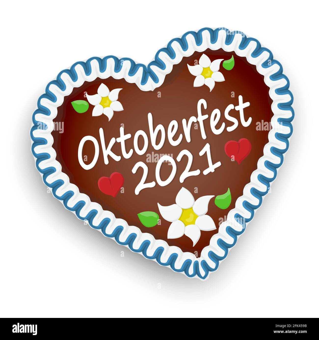 illustrated gingerbread heart with text Oktoberfest 2021 and red hearts and german Edelweiss flowers Stock Vector