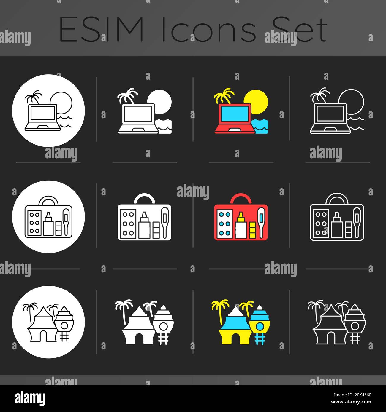 Nomadic lifestyle dark theme icons set Stock Vector