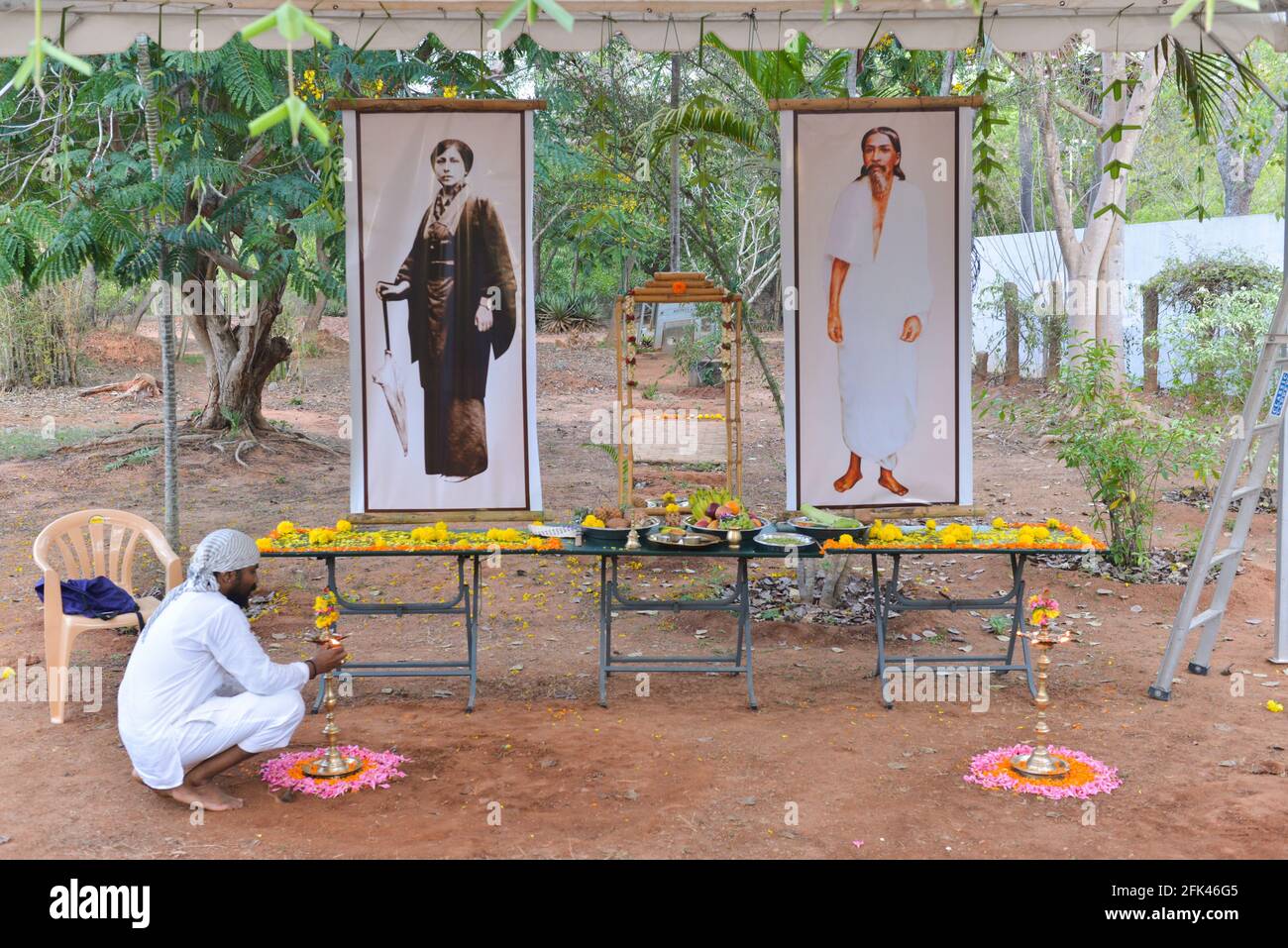 AUROVILLE, INDIA - April 2018: The portraits of Sri Aurobindo and The Mother at the entrance of the Indian Pavilion. Stock Photo
