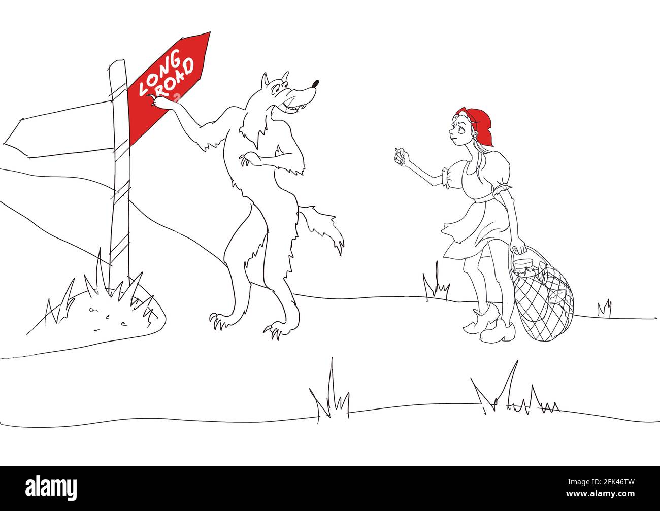 Little red riding hood with a heavy shopping bag with groceries rebuffs the evil wolf. Cartoon characters humor, comic Stock Photo