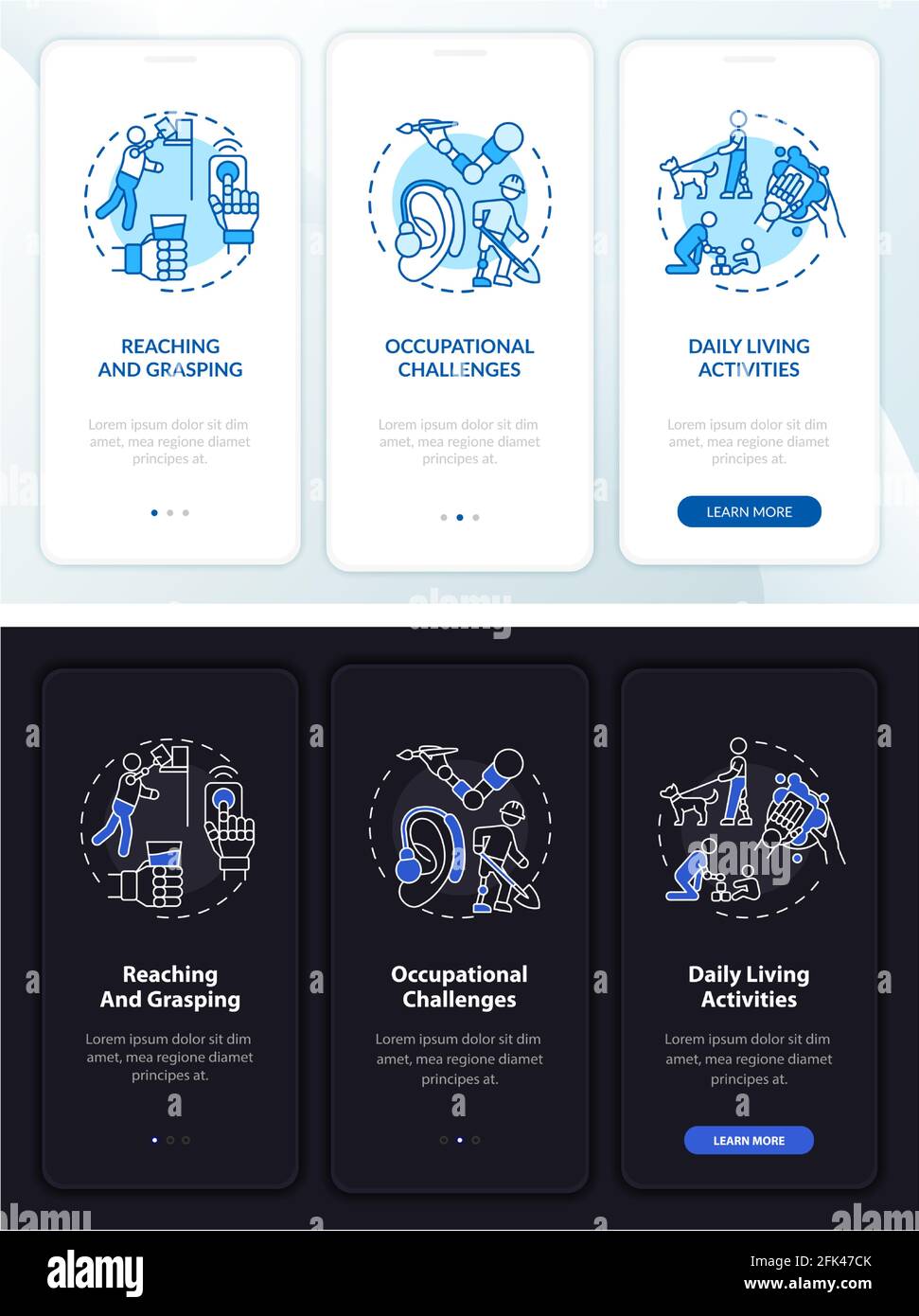 Arm prostheses tasks onboarding mobile app page screen with concepts Stock Vector