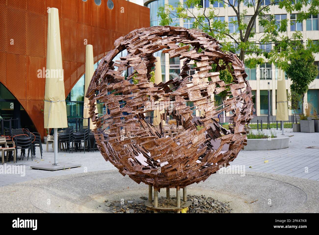 Modern art in Düsseldorf: 'Kugelbrunnen', made of stainless steel, by the sculptor Friedrich Werthmann. Location: Martin-Luther-Platz. Stock Photo