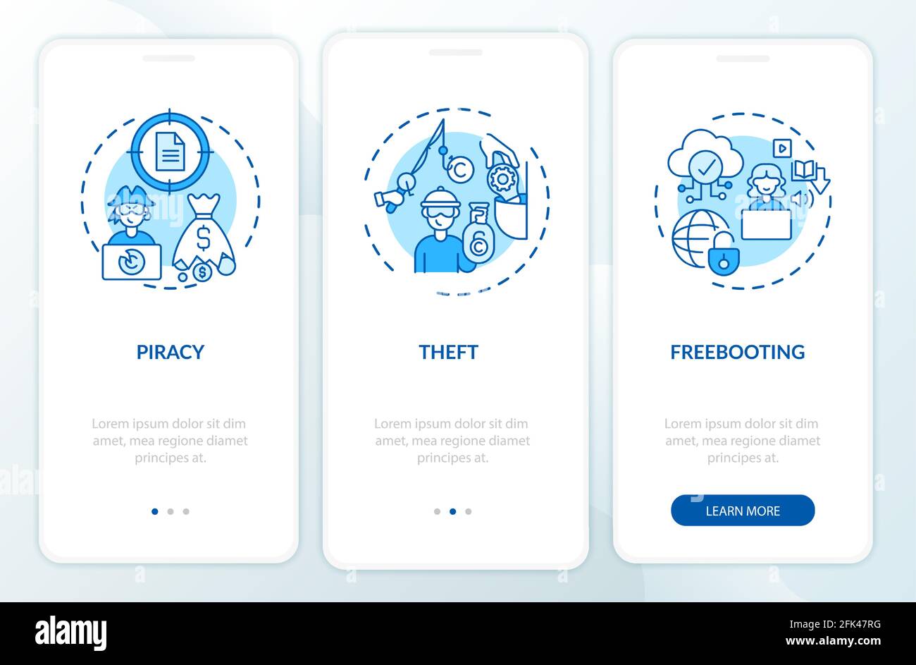 Copyright violation types onboarding mobile app page screen with concepts Stock Vector