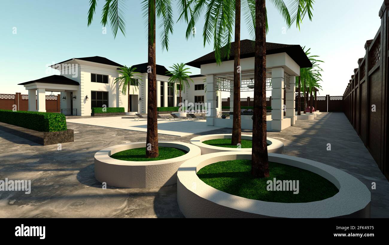 3D rendering of a luxury house and a pool outside Stock Photo - Alamy