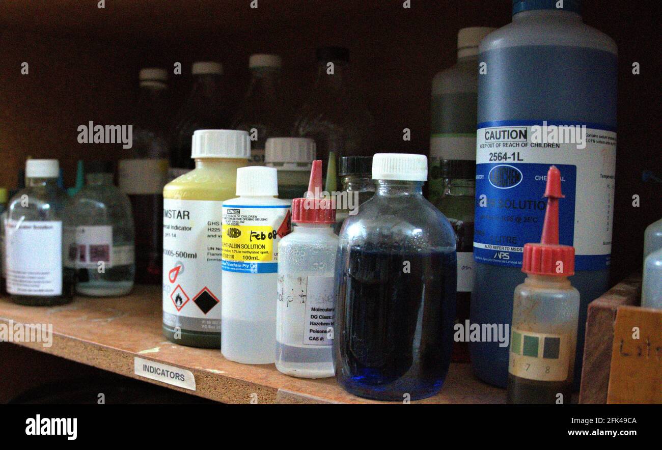 HOKITIKA, NEW ZEALAND - Apr 14, 2021: An old school science labaoatory chemical storage area Stock Photo