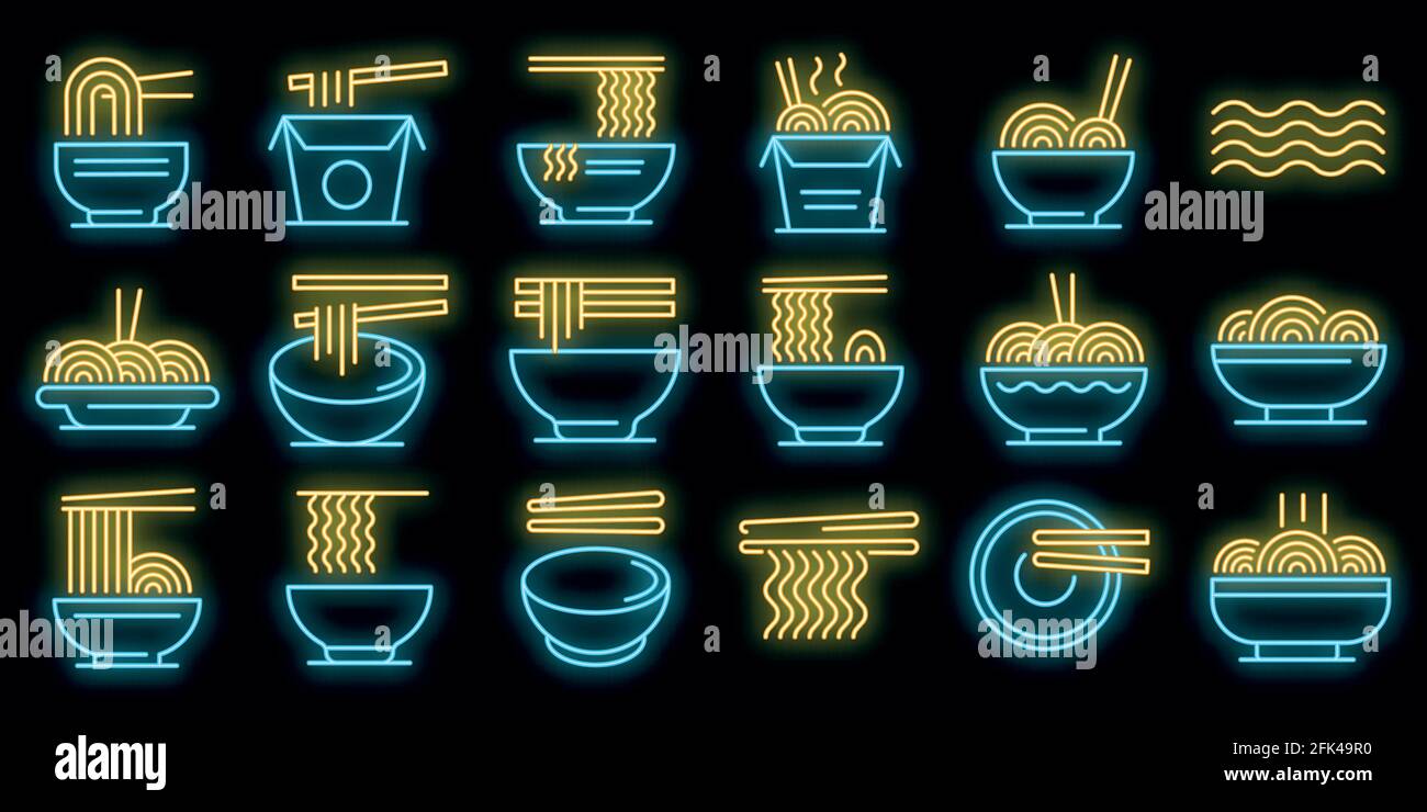 Ramen icons set. Outline set of ramen vector icons neon color on black Stock Vector