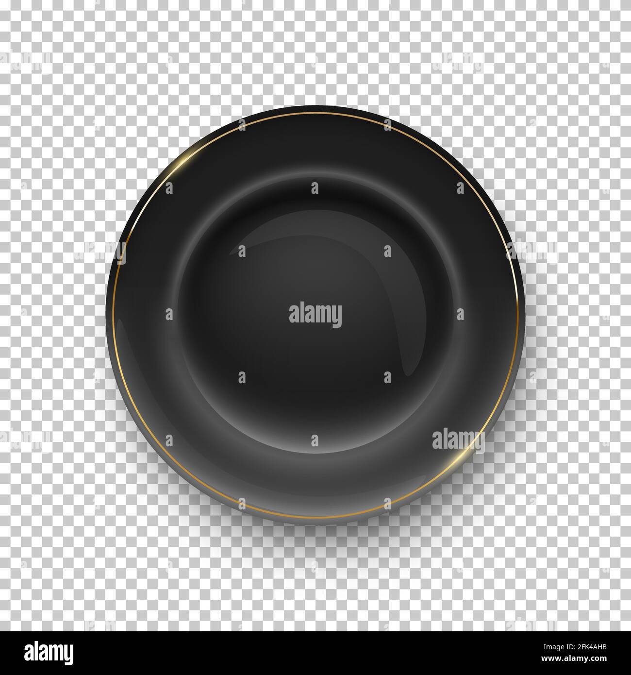 Black plate with golden border on transparent background. Empty dish