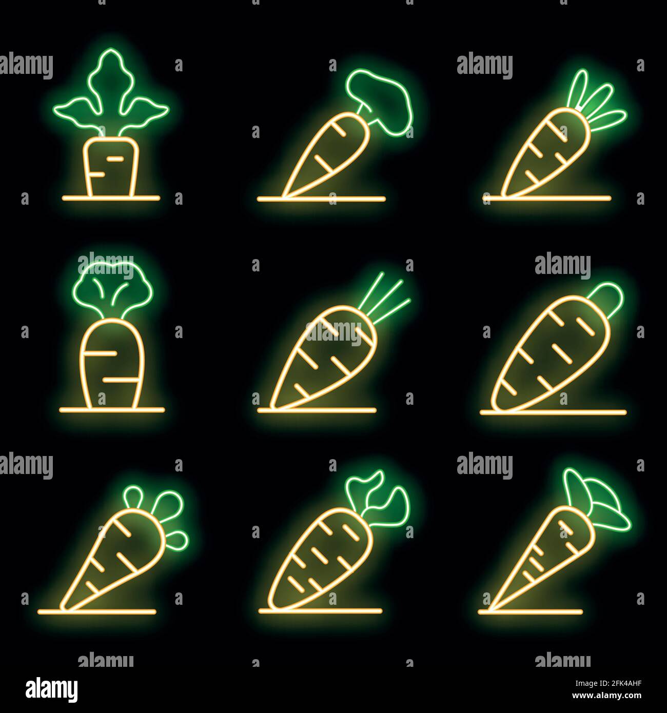 Carrot icons set. Outline set of carrot vector icons neon color on