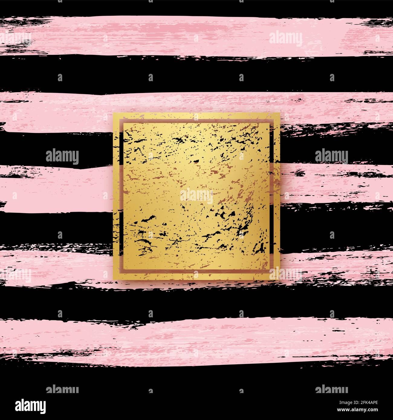 Golden foil with frame on black and pink brush background. Gold texture in square shape on smudged striped wallpaper in brushstrokes vector illustrati Stock Vector