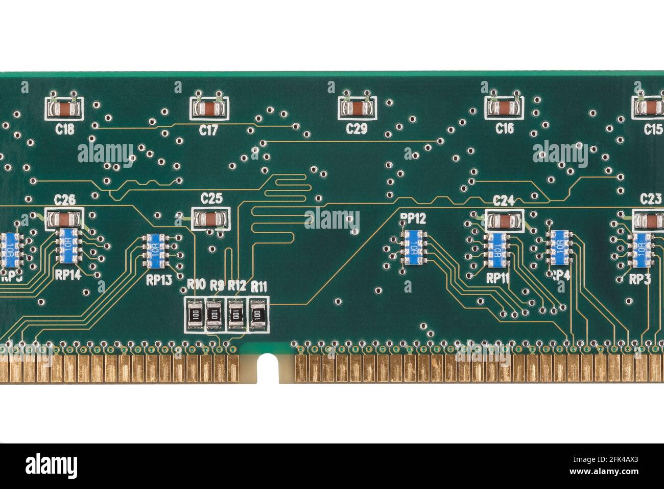 The reverse side of the memory module with various elements. Close-up. Macro photography. Stock Photo