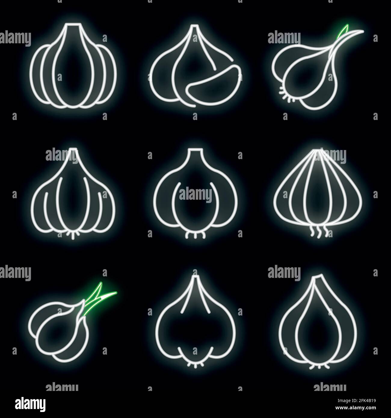 Garlic icons set. Outline set of garlic vector icons neon color on ...