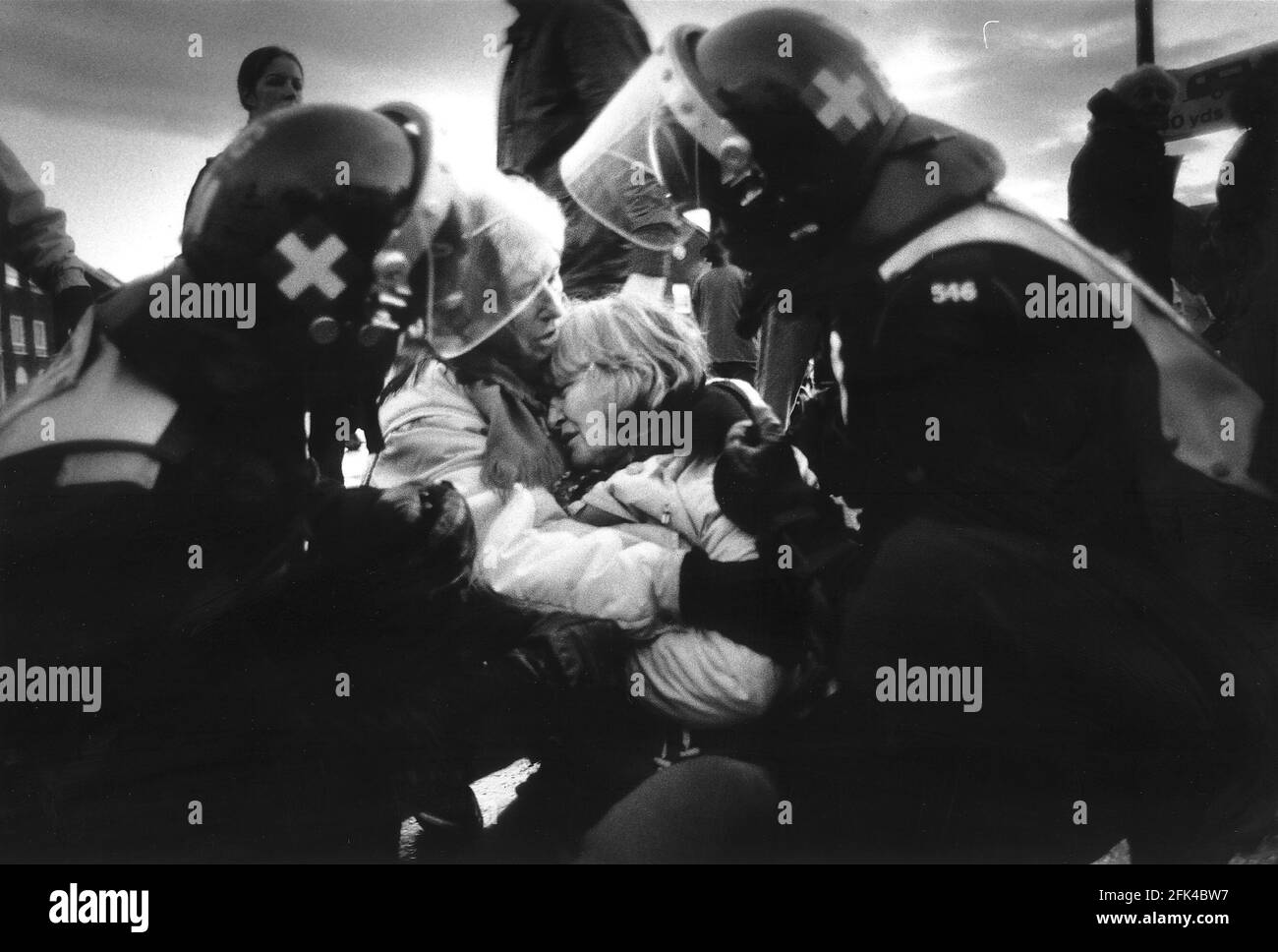Brightlingsea Essex 18 January 1995 Elderly residents of the port town attended by police medics after being pushed by Essex Riot Police epd Stock Photo