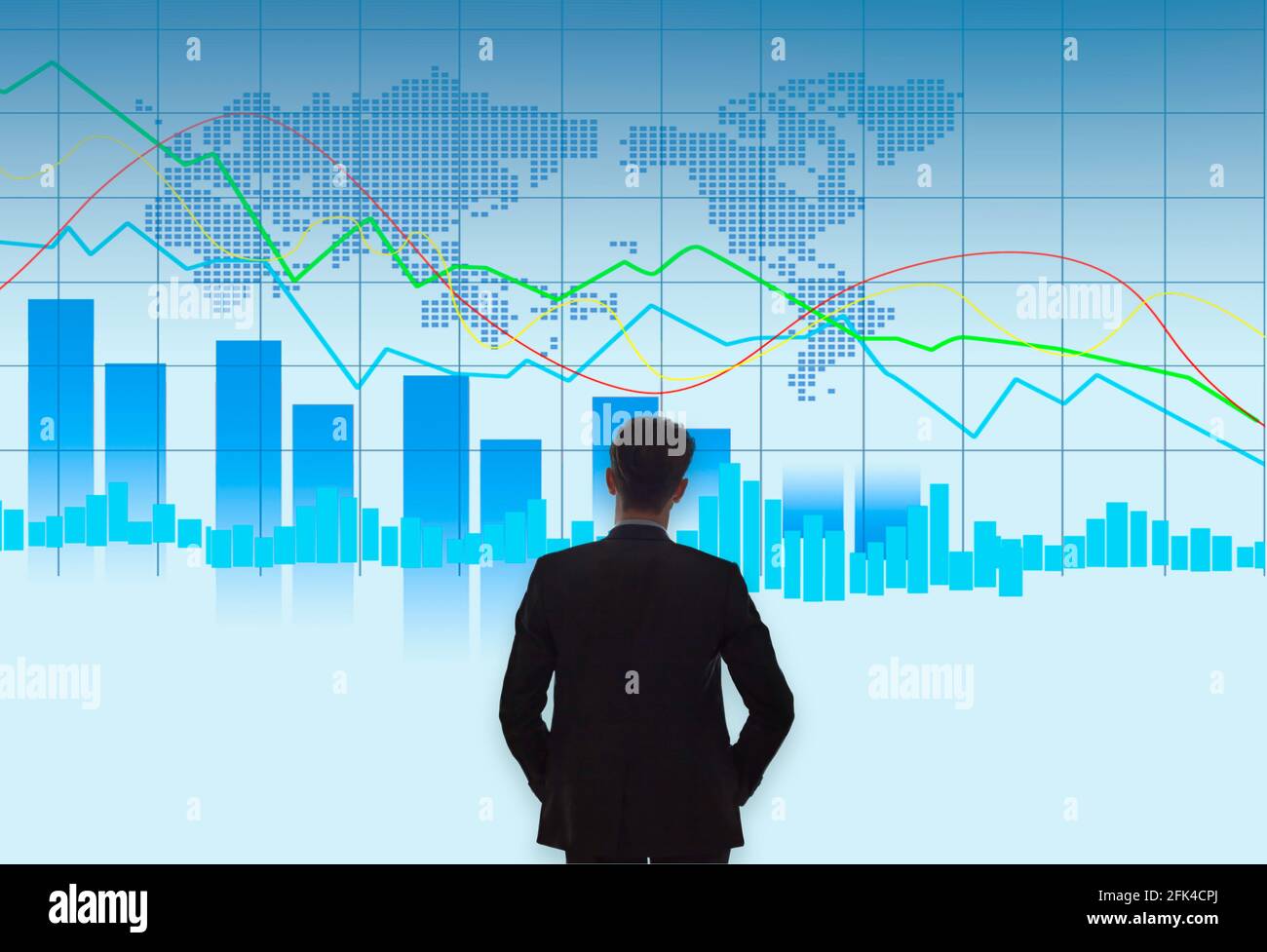 Back view of young businessman looking at data charts and graphs. Trade and research concept. Double exposure Stock Photo