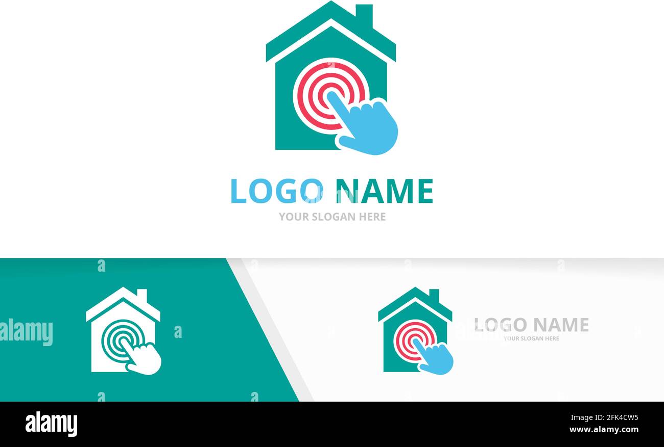 Vector real estate and hand logo combination. House and click logotype design template. Stock Vector