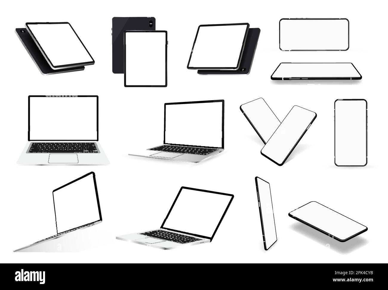 Various gadgets mockups. Laptop, Tablet and Mobile Phone. Realistic 3D devices with blank screen in isometric, frontal and perspective view. Laptop Stock Vector