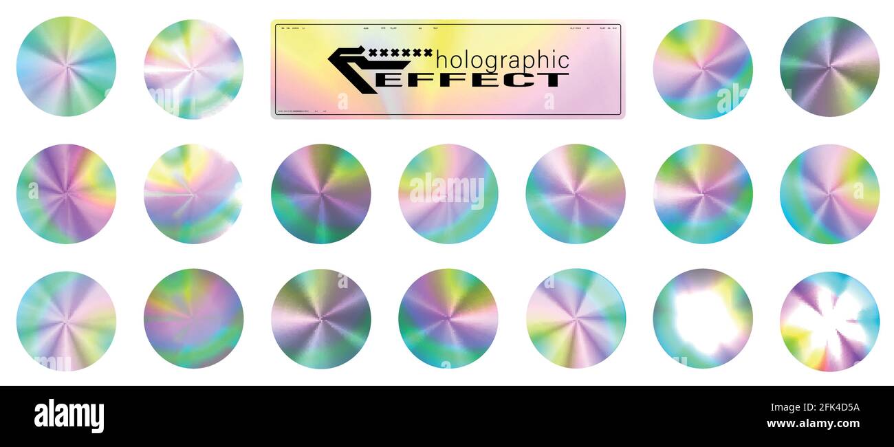 Holographic glitter texture collection. Round shiny gradient foil texture. Trendy background for logos, posters, covers. Pastel neon rainbow Stock Vector