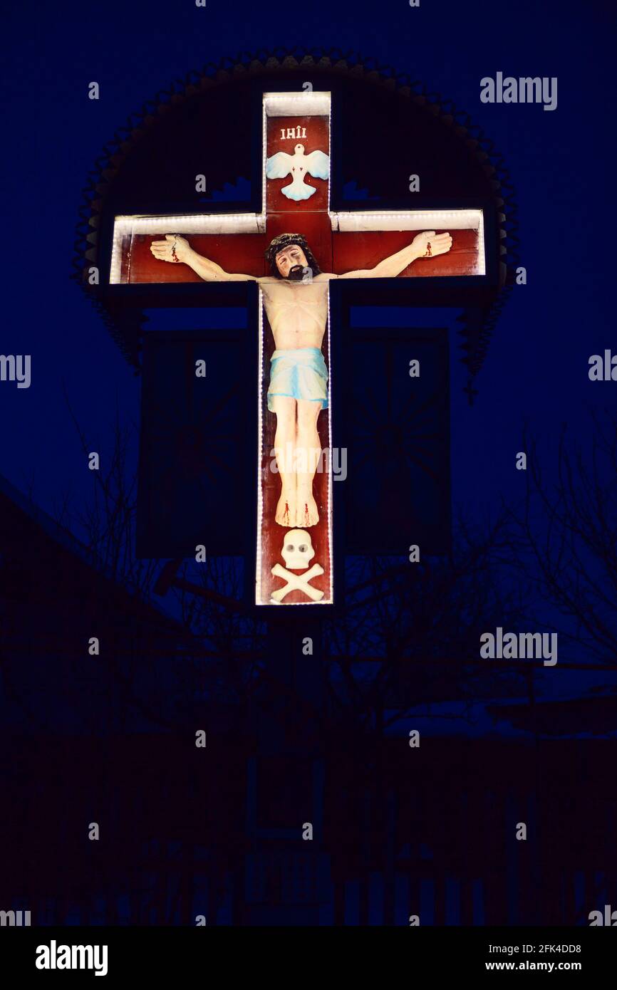 Crucifixion of Jesus in the Night . Symbol of Christianity . Christ on the Cross . Religious