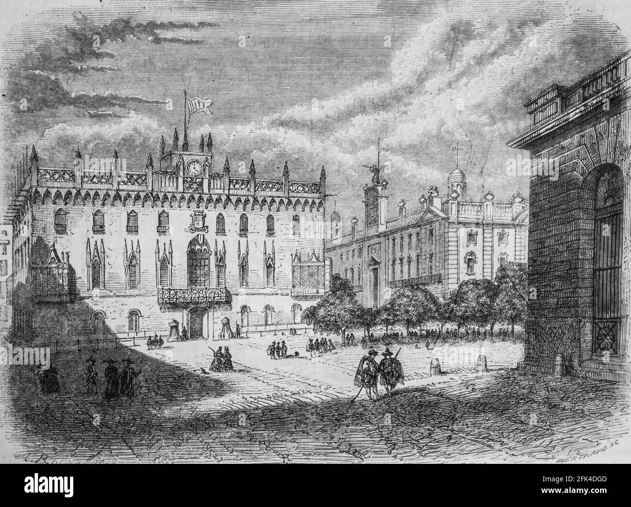 barcelone le palais ryal et la douane ,le magazin pittoresque,editeur edouard charton, 1860 Stock Photo