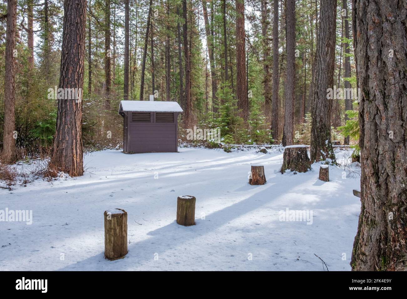Small cabin in the winter forest; Camp Sherman in Oregon, USA Stock Photo