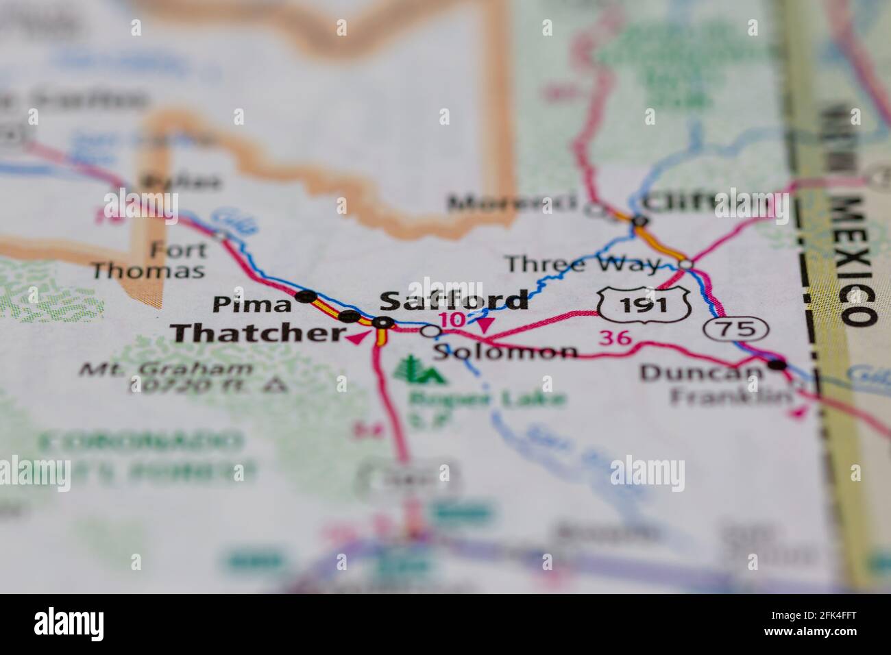 Safford Arizona USA shown on a geography map or road map Stock Photo