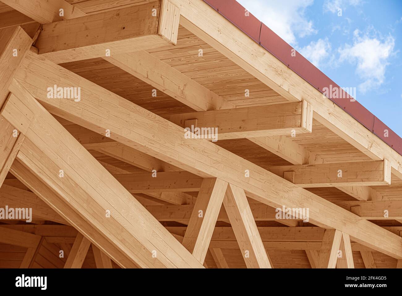 Wooden roof structure. Glued laminated timber roof. Stock Photo