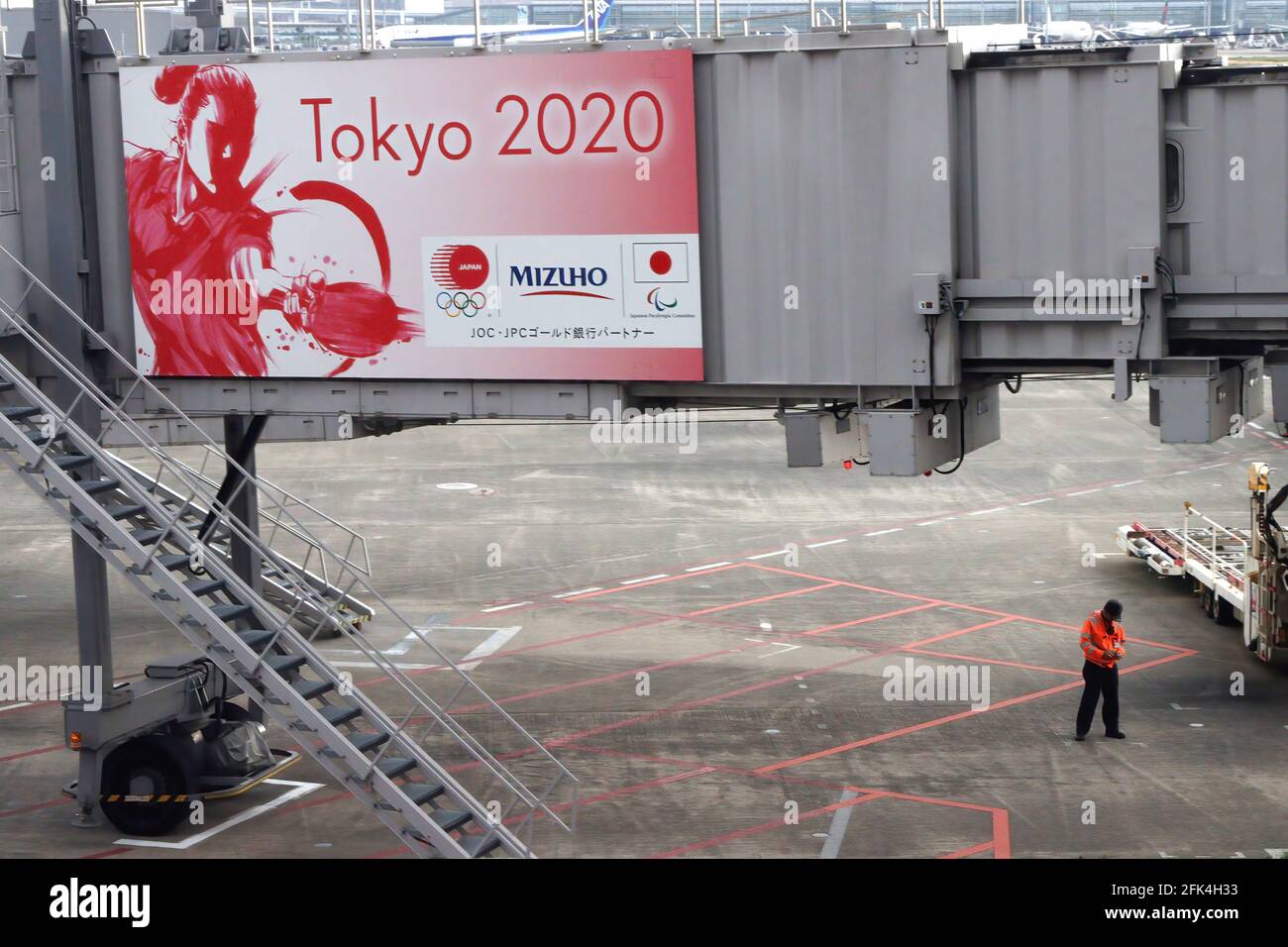 A Tokyo Olympics 2020 billboard seen at Tokyo Haneda International Airport. Stock Photo