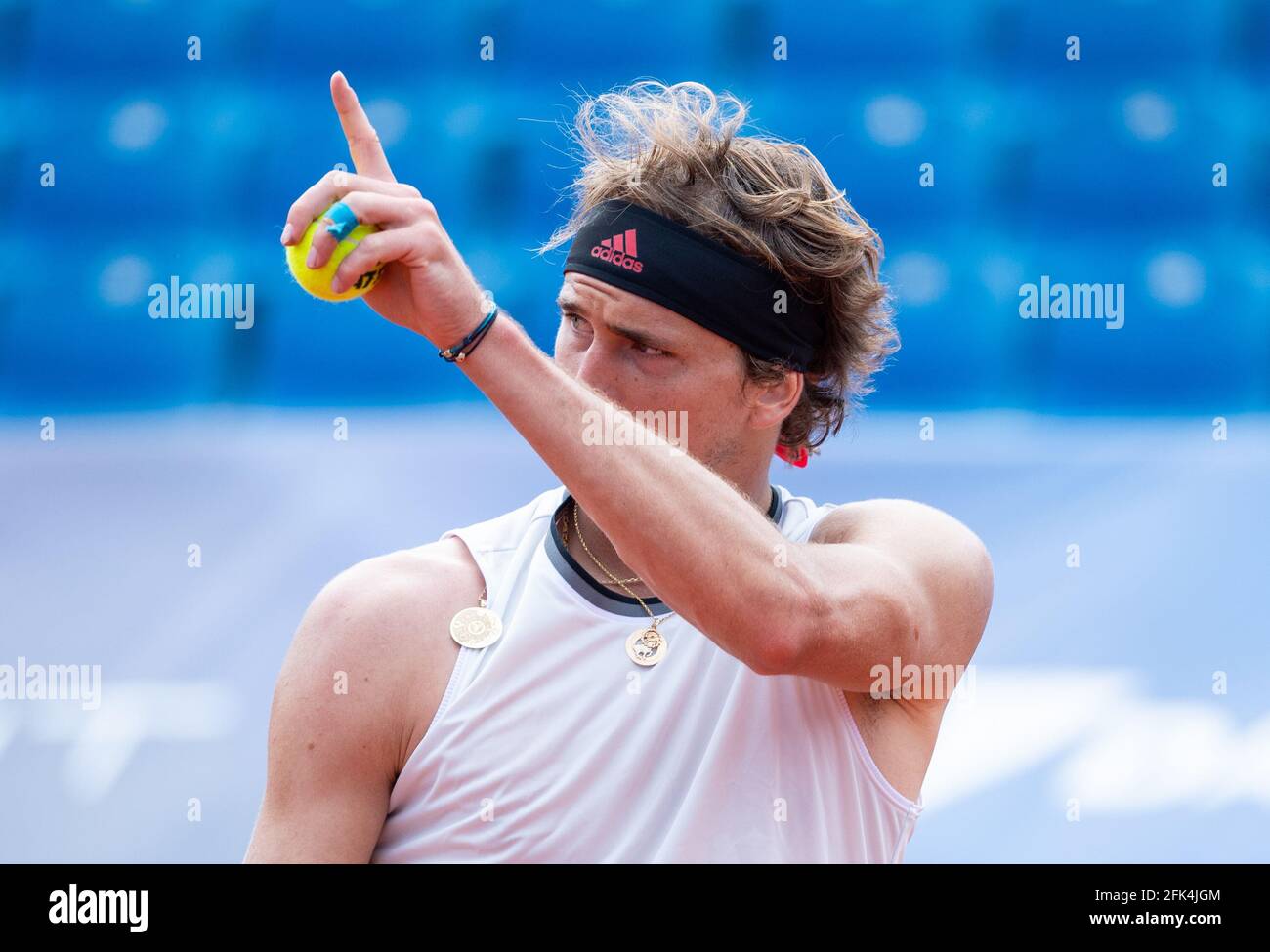 Munich, Germany. 28th Apr, 2021. Tennis: ATP Tour, Singles, Men, 2nd Round.  Zverev (Germany) - Berankis (Lithuania). Alexander Zverev gestures after  the match. Credit: Sven Hoppe/dpa/Alamy Live News Stock Photo - Alamy