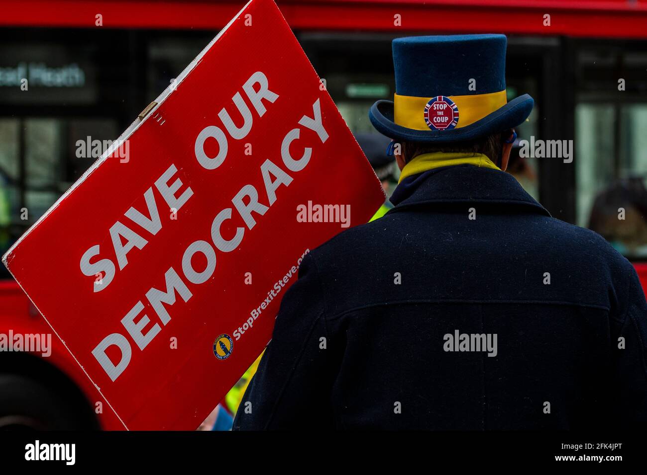 London, UK. 28th Apr, 2021. Save our democracy - Steve Bray of Sodem, pro EU protester, has now switched his attention to Tory 'sleaze' - outside Parliament after Prime Ministers Questions. Credit: Guy Bell/Alamy Live News Stock Photo