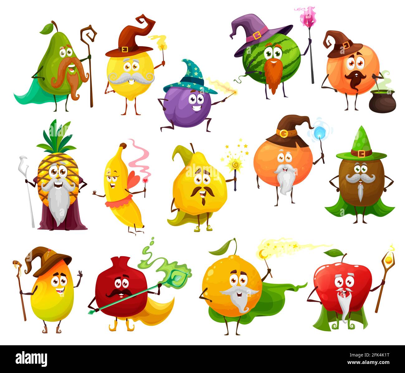 Fruit magician, witch, wizard and fairy cartoon characters with vector magic wands, staff, hats and potion cauldron. Funny apple, mango, orange and pi Stock Vector