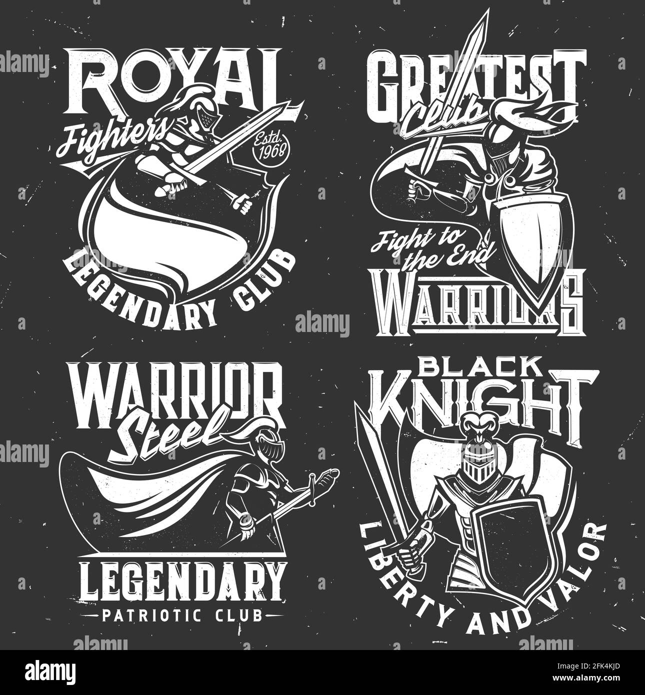 Warrior knight in armor t-shirt print royal club of fighters, vector heraldic icon. Medieval knight warrior with shield and sword, legendary patriotic Stock Vector
